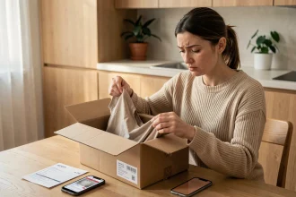 Femme examinant un article vestimentaire reçu par colis en vue d'un retour sur une boutique en ligne comme Hacoo SaraMart