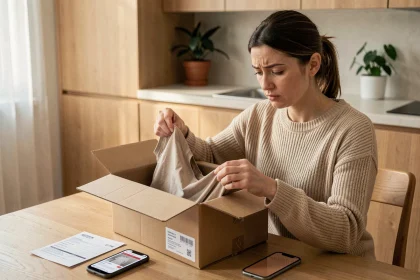 Femme examinant un article vestimentaire reçu par colis en vue d'un retour sur une boutique en ligne comme Hacoo SaraMart