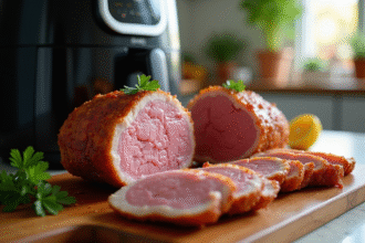 Rôti de veau tranché avec croûte dorée et intérieur juteux sur plan de travail