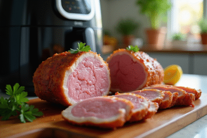 Rôti de veau tranché avec croûte dorée et intérieur juteux sur plan de travail