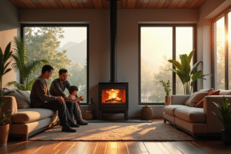 Salon moderne avec poêle à bois et famille chaleureuse