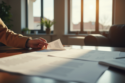 Salon lumineux avec papiers juridiques sur la table et main qui examine