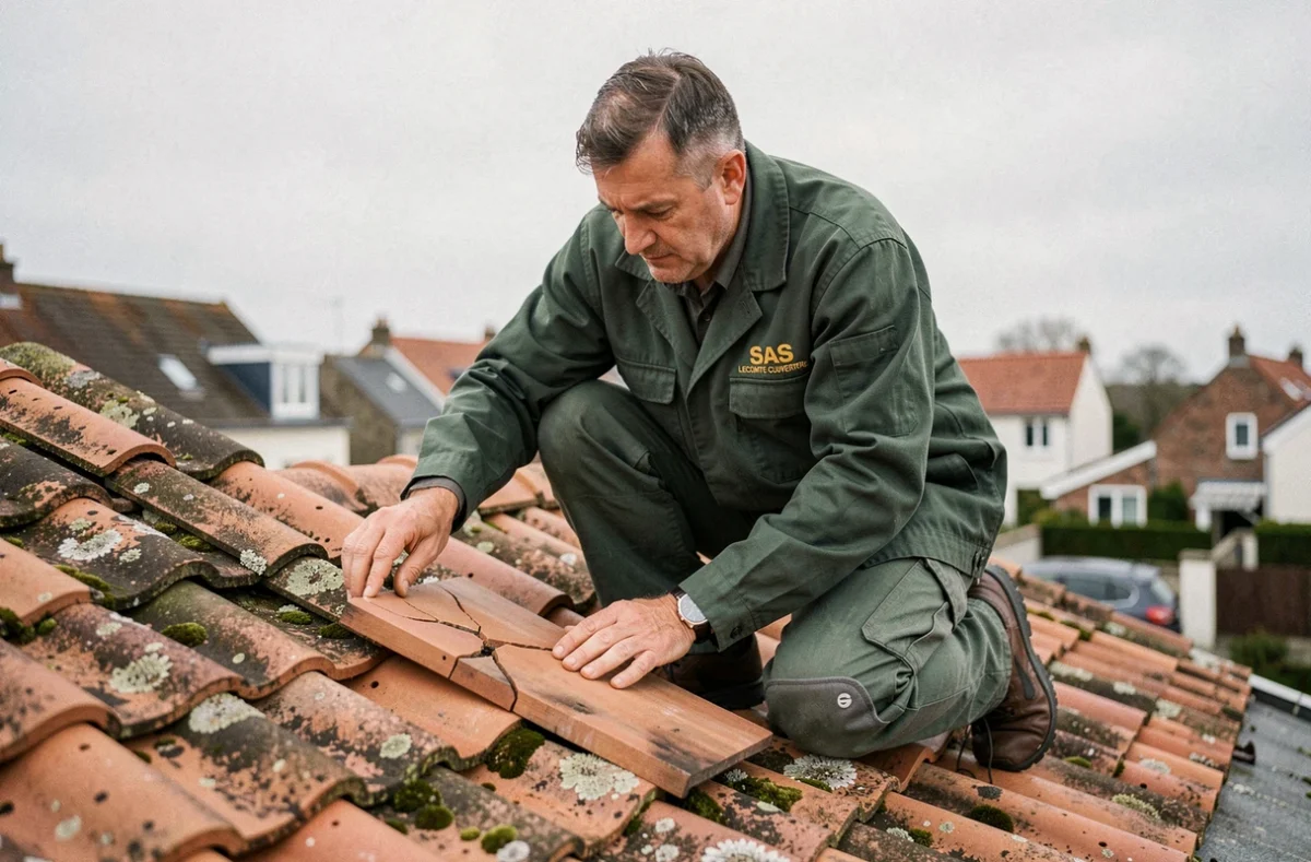 Technicien de SAS Lecomte Couverture réparant des tuiles en terre cuite sur une toiture dans la banlieue de Seine-Maritime