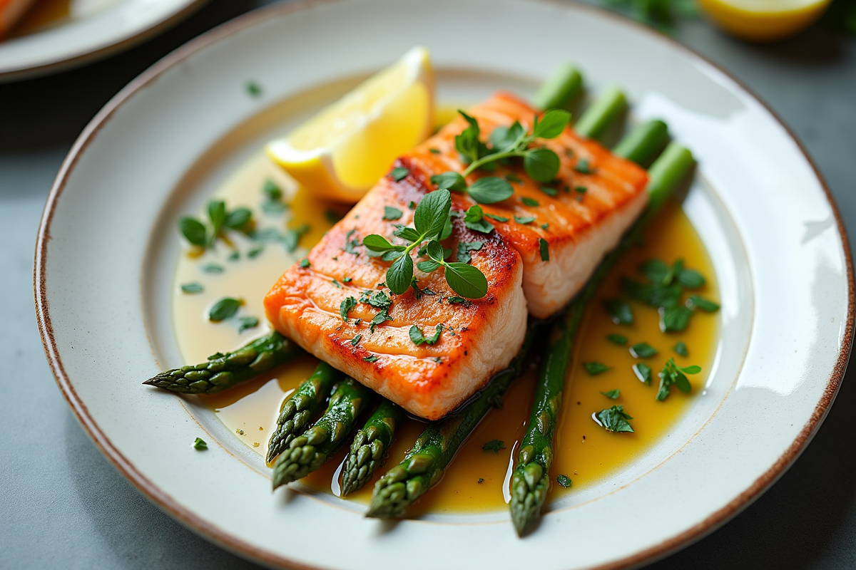 Filet de saumon aux herbes avec asperges et citron