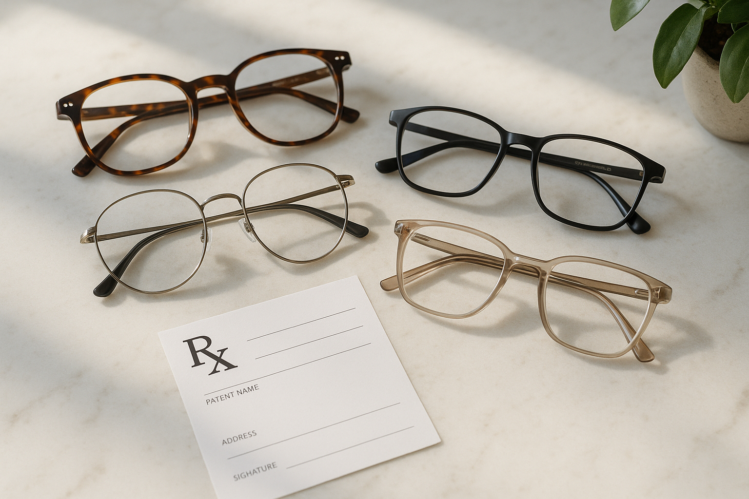 Gamme de lunettes modernes sur un comptoir en marbre blanc avec plante verte