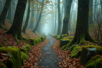 Sentier forestier mystérieux à Saint-Goussaud en Creuse, entouré d'arbres centenaires et de pierres recouvertes de lichen en automne