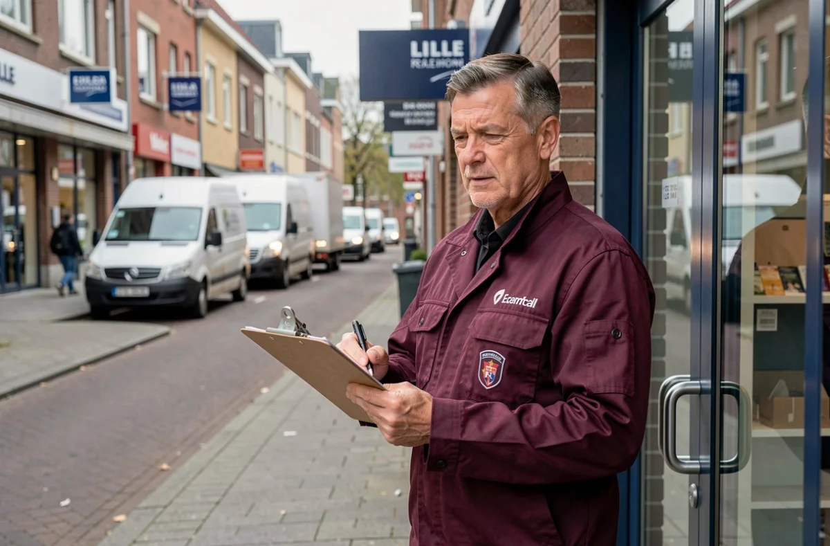Serrurier de la Serrurerie Gadenne devant une devanture commerciale dans la métropole lilloise après une installation de sécurité