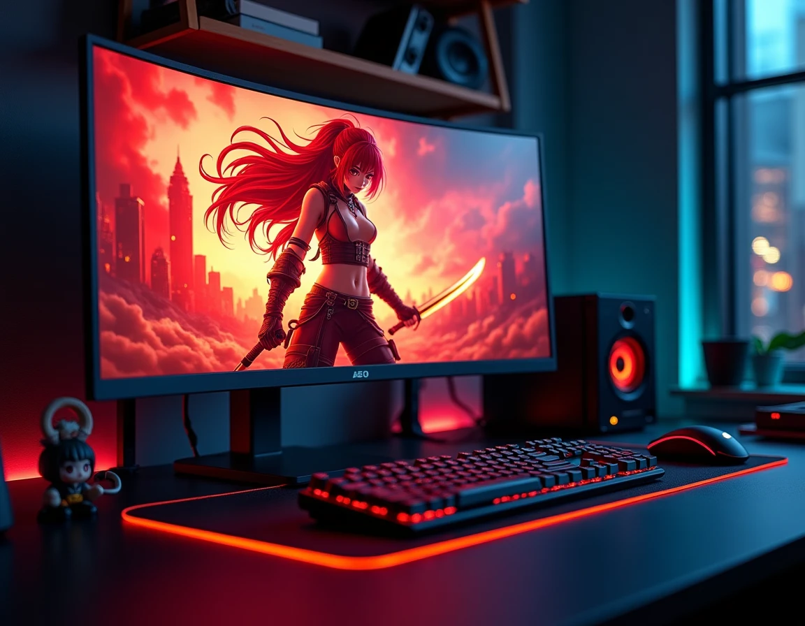 Setup gaming avec fond d'écran Rengoku pilier de la flamme affiché sur moniteur entouré d'accessoires anime