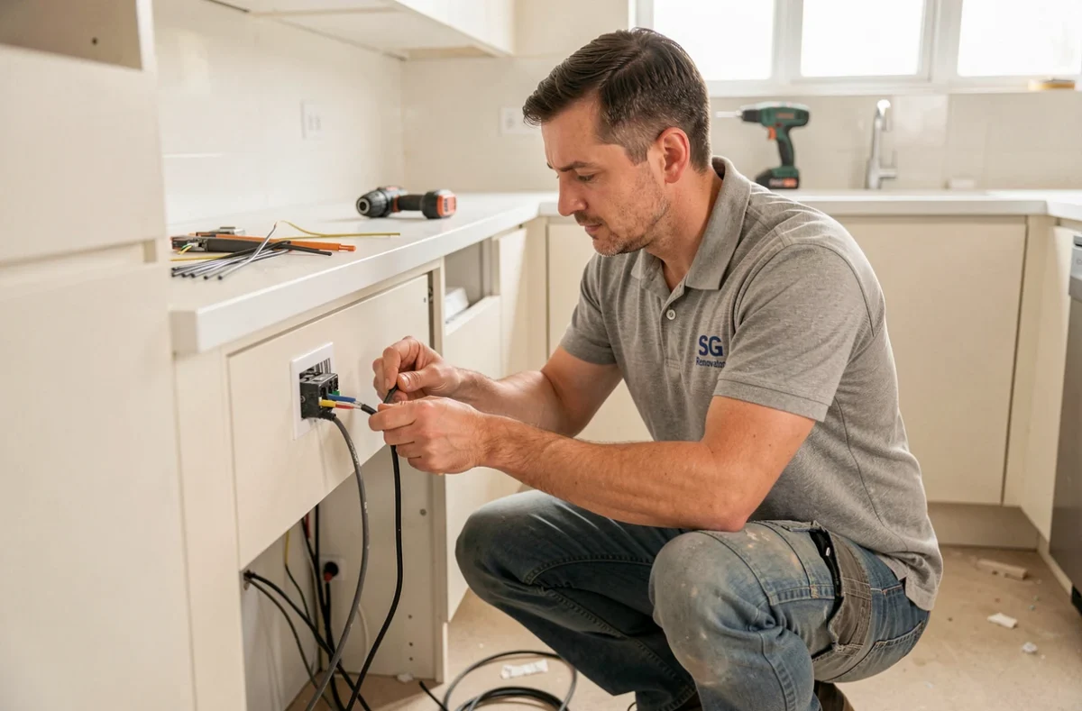 Électricien de SG Renovation connectant des câbles électriques dans une cuisine rénovée moderne