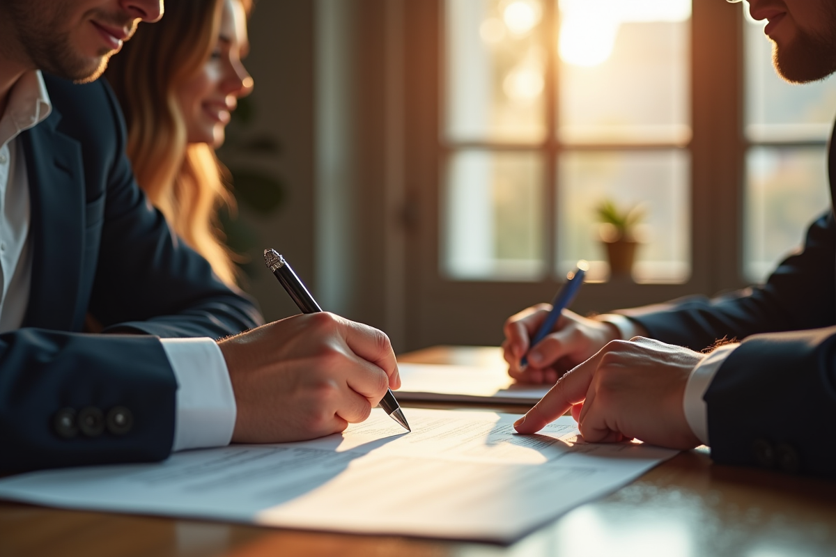 Deux personnes signant un contrat immobilier dans un bureau lumineux