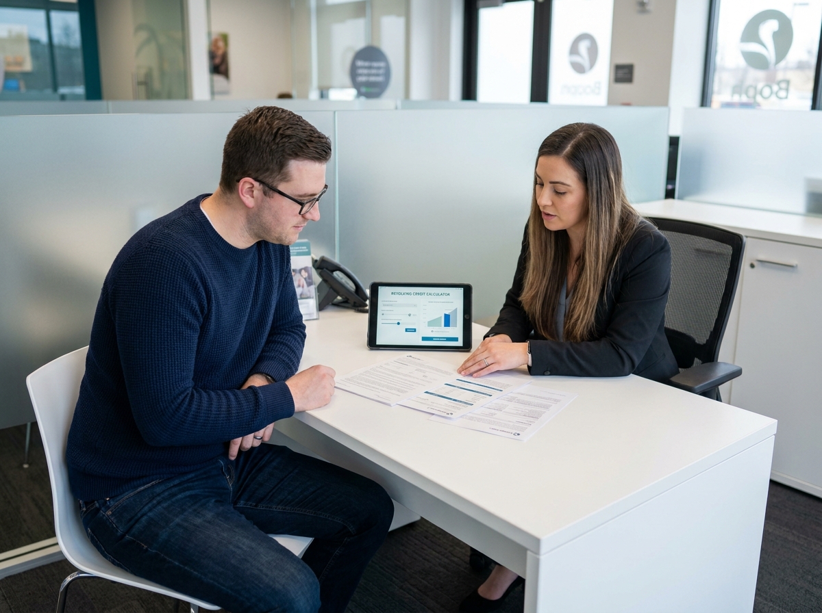 Homme en réunion avec un conseiller bancaire pour discuter d'une simulation de crédit renouvelable