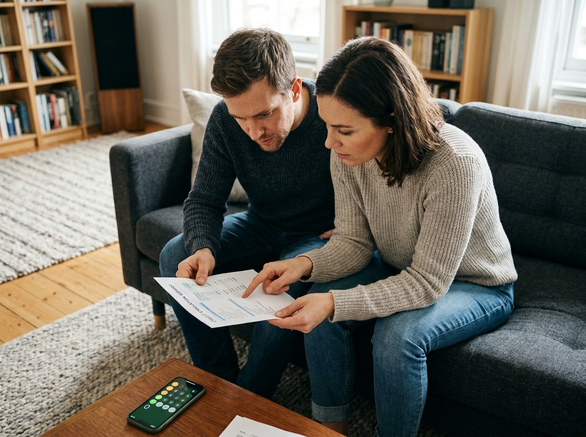 Couple analysant ensemble une simulation de crédit renouvelable à domicile sur canapé