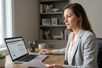 Femme consultant une simulation de crédit renouvelable sur un ordinateur portable dans un bureau à domicile