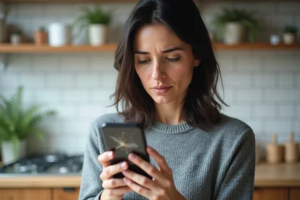 Femme tenant un vieux smartphone avec écran fissuré, illustrant les dommages qui réduisent la valeur de revente d'un téléphone usagé