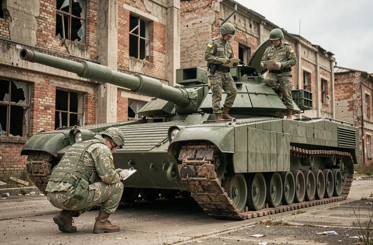 Soldats ukrainiens inspectant un char M1A1 Abrams près d'un bâtiment industriel endommagé, scène de maintenance militaire
