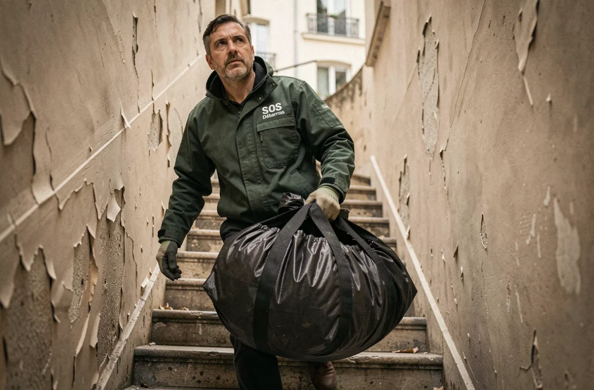 Agent SOS Débarras descendant un escalier étroit avec un sac d'objets dans un immeuble parisien ancien