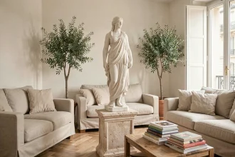 Statue grecque en marbre blanc placée sur un piédestal dans un salon parisien au décor minimaliste et méditerranéen