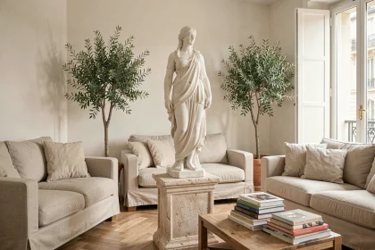 Statue grecque en marbre blanc placée sur un piédestal dans un salon parisien au décor minimaliste et méditerranéen