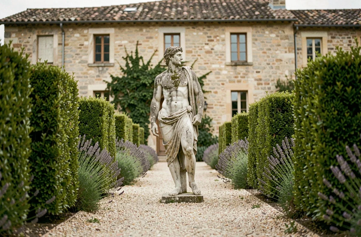 Statue grecque en pierre vieillie au bout d'une allée de jardin provençal avec haies de buis et lavande