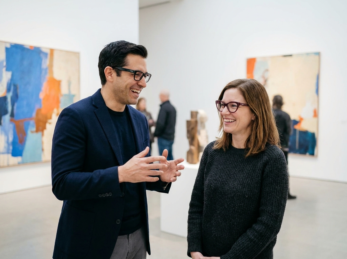 Duo de personnalités portant des lunettes de créateur contrastées lors d'un vernissage dans une galerie d'art contemporaine