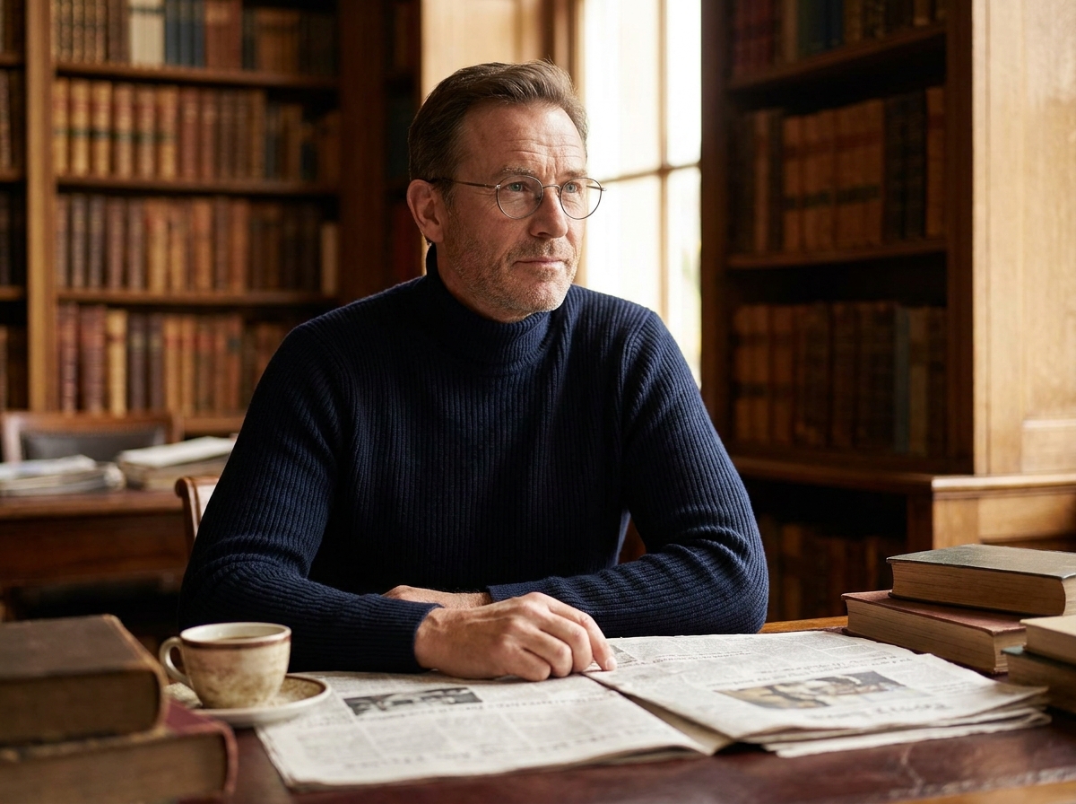Homme distingué en lunettes rondes métalliques assis dans une bibliothèque élégante, portrait éditorial de personnalité publique