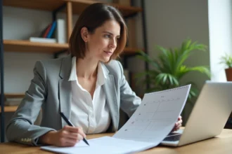 Femme consultant un agenda papier et un calendrier numérique sur ordinateur portable pour synchroniser sa semaine professionnelle et personnelle