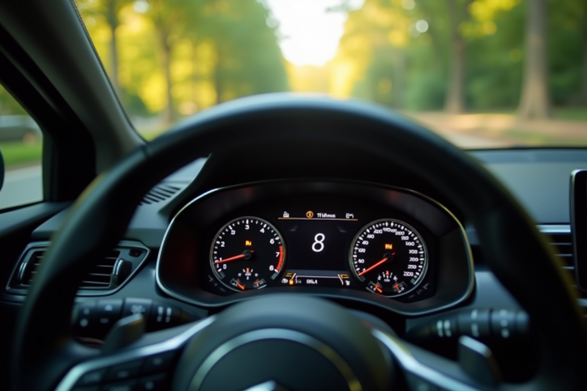 Tableau de bord voiture avec vitesse et odometre en lumière naturelle
