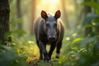 Tapir malais dans la foret verte au matin
