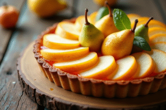 Tarte aux fruits nashi sur table en bois naturelle