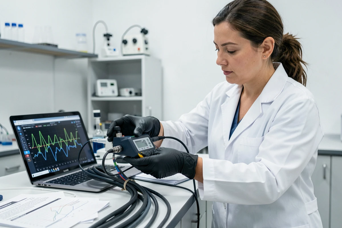 Technicienne mesurant les champs magnétiques avec un appareil Cat29 dans un laboratoire de métrologie