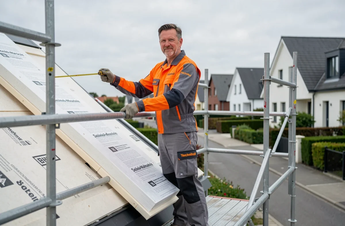 Technicien Technitoit installant des panneaux isolants sur une maison moderne en Seine-Maritime