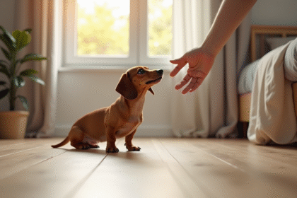 Teckel nain à poil lisse regardant vers le haut dans une lumière naturelle