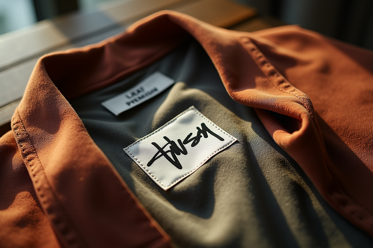 Gros plan sur étiquette stussy sur tissu de qualité