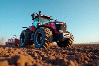 Grand tracteur moderne sur un champ humide en plein jour