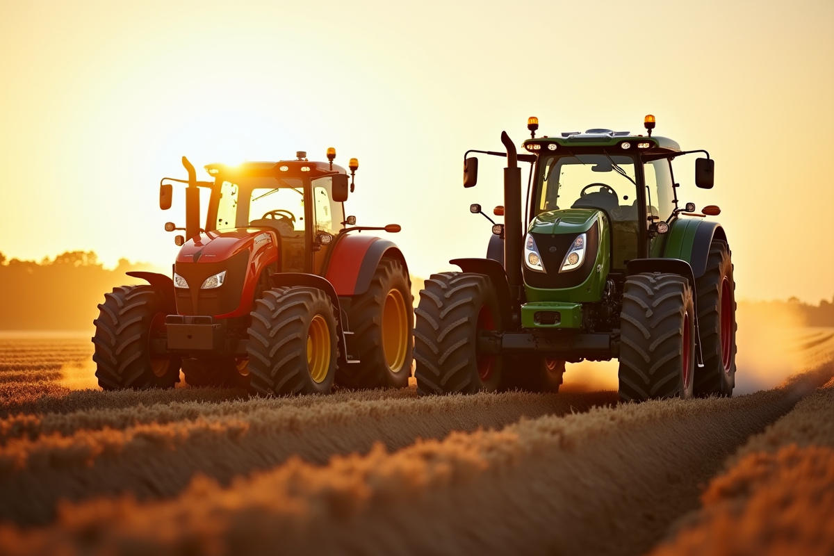 Deux tracteurs de tailles différentes sur un champ récolté