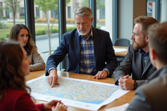 Urbaniste municipal discute avec residents autour d'une carte