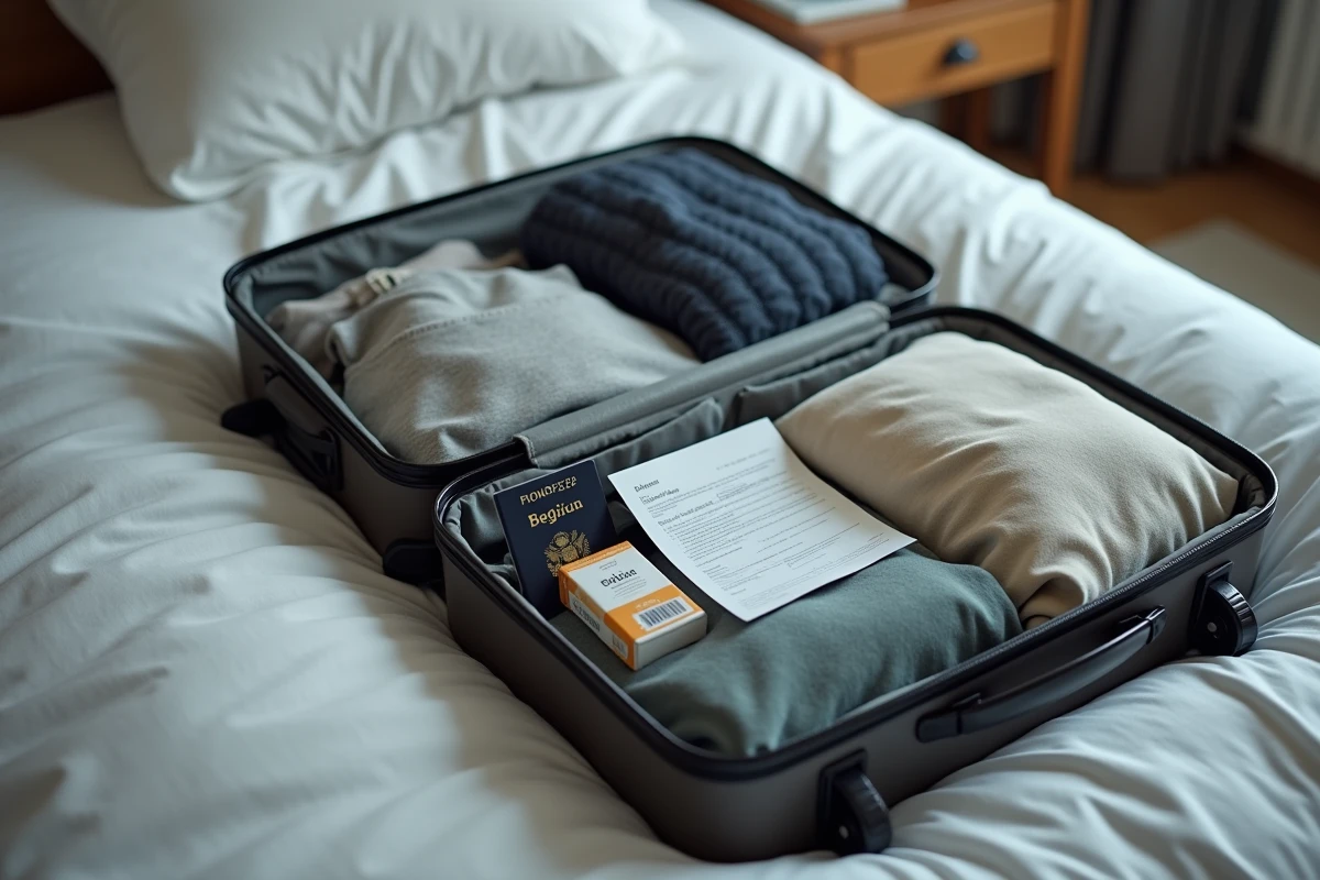 Valise ouverte avec cartouche de cigarettes et documents douaniers posés sur un lit d'hôtel avant un voyage en Belgique
