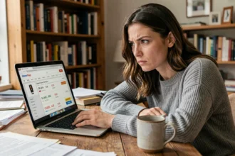 Femme vérifiant la fiabilité d'un site de commerce en ligne sur son ordinateur portable depuis son bureau à domicile