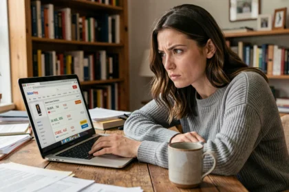 Femme vérifiant la fiabilité d'un site de commerce en ligne sur son ordinateur portable depuis son bureau à domicile