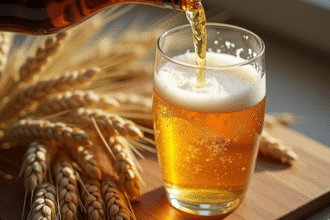 Verre de bière dorée versée avec mousse et condensation