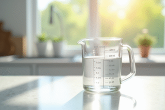 Verre mesureur rempli à 400 ml sur plan de cuisine lumineux