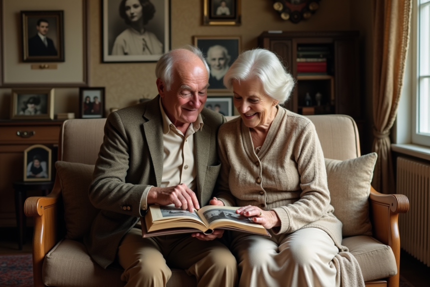 Un couple âgé regarde un album photo dans un salon chaleureux