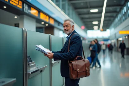 Voyageur à la douane d'un aéroport européen présentant ses documents de déclaration de marchandises