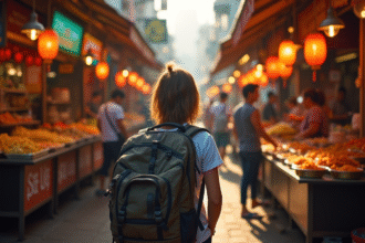 Jeune voyageur seul regardant un marché de rue coloré en Asie du Sud-Est