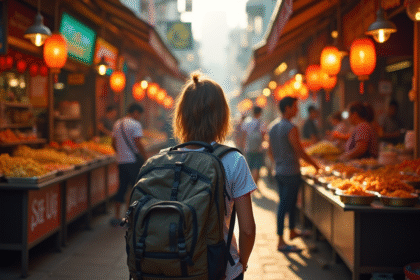 Jeune voyageur seul regardant un marché de rue coloré en Asie du Sud-Est