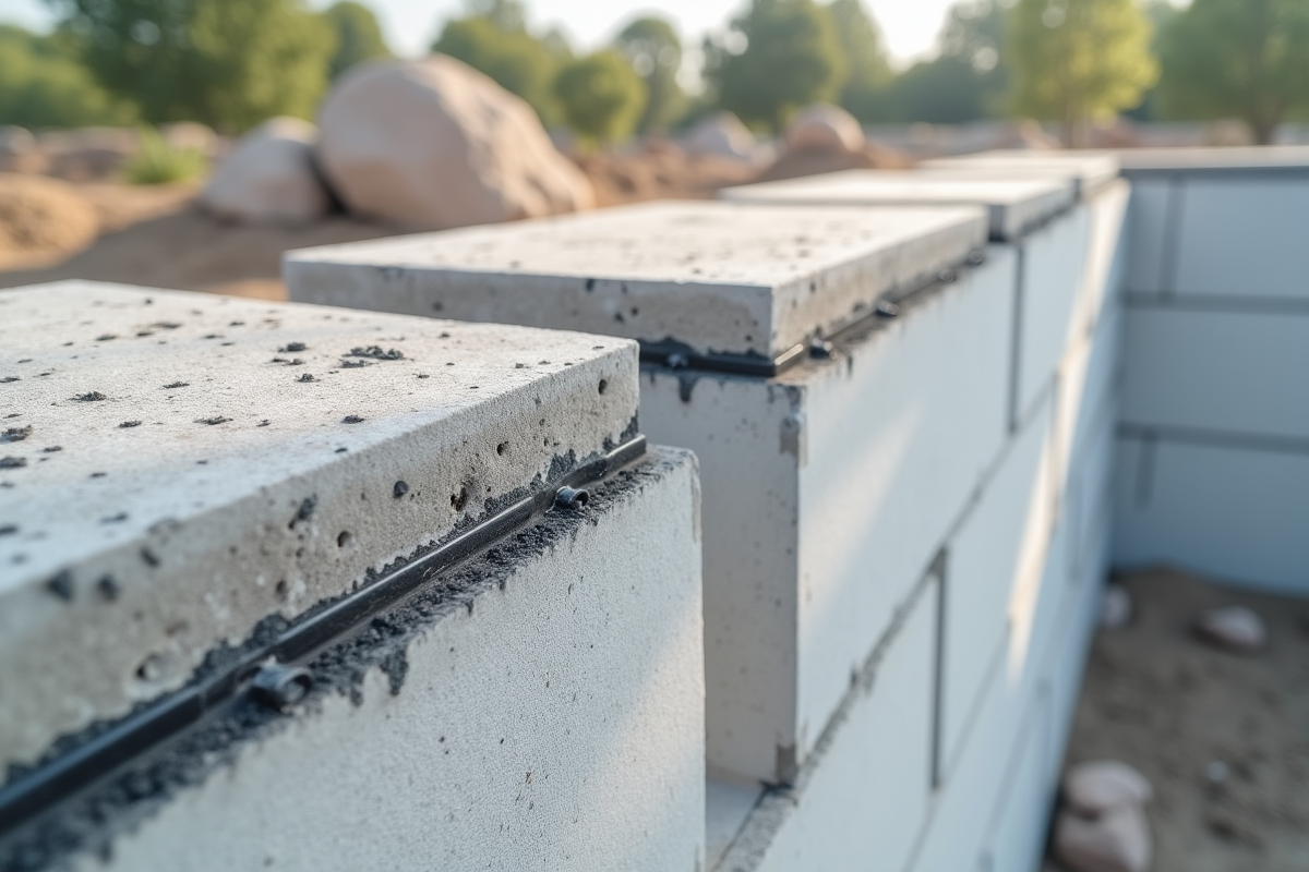 Vue large d une bande d arase intégrée entre des blocs de béton sur un mur récent